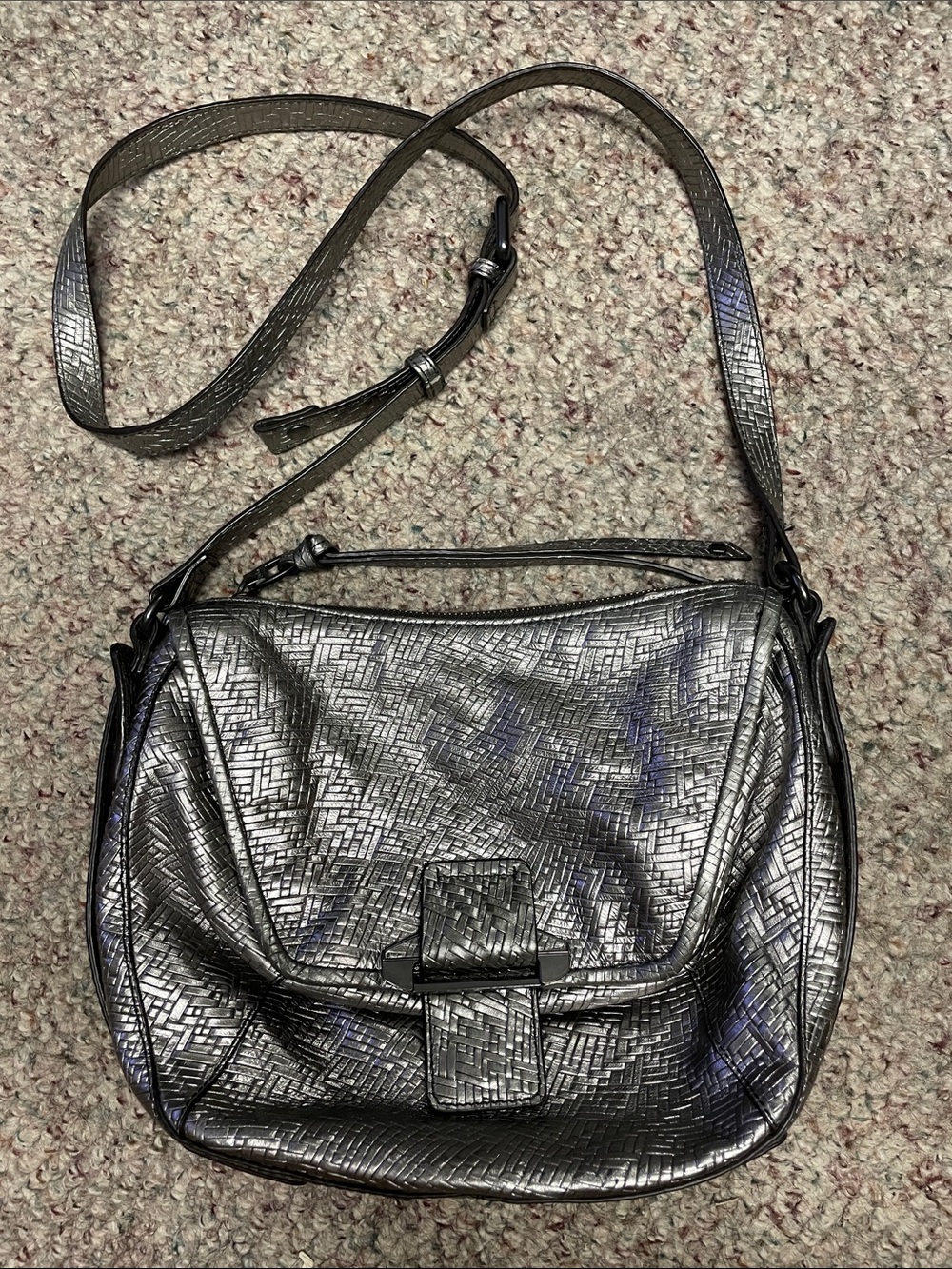 Kooba silver woven leather crossbody purse with front flap pouch-new